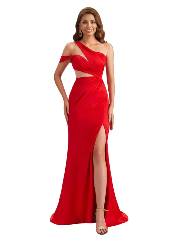 Sexy Silky Satin One Shoulder Mermaid Side Slit Unique Long Bridesmaid Dresses Online sold by ChicSew