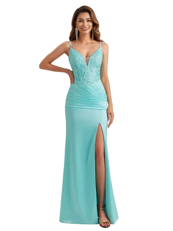 Sexy Mermaid Lace Silky Satin Spaghetti Straps Unique Long Bridesmaid Dresses Side Slit sold by ChicSew