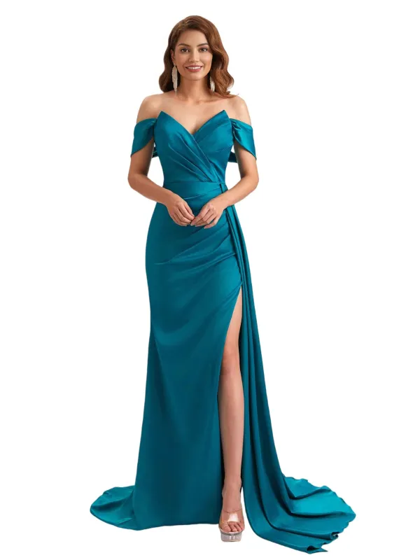 Sexy Silky Satin Off The Shoulder V-Neck Mermaid Long Bridesmaid Dresses Side Slit sold by ChicSew
