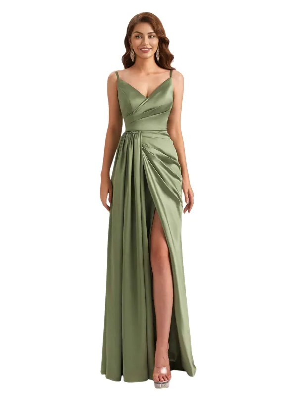 Sexy Silky Satin Spaghetti Straps V-Neck Mermaid Side Slit Unique Long Bridesmaid Dresses sold by ChicSew