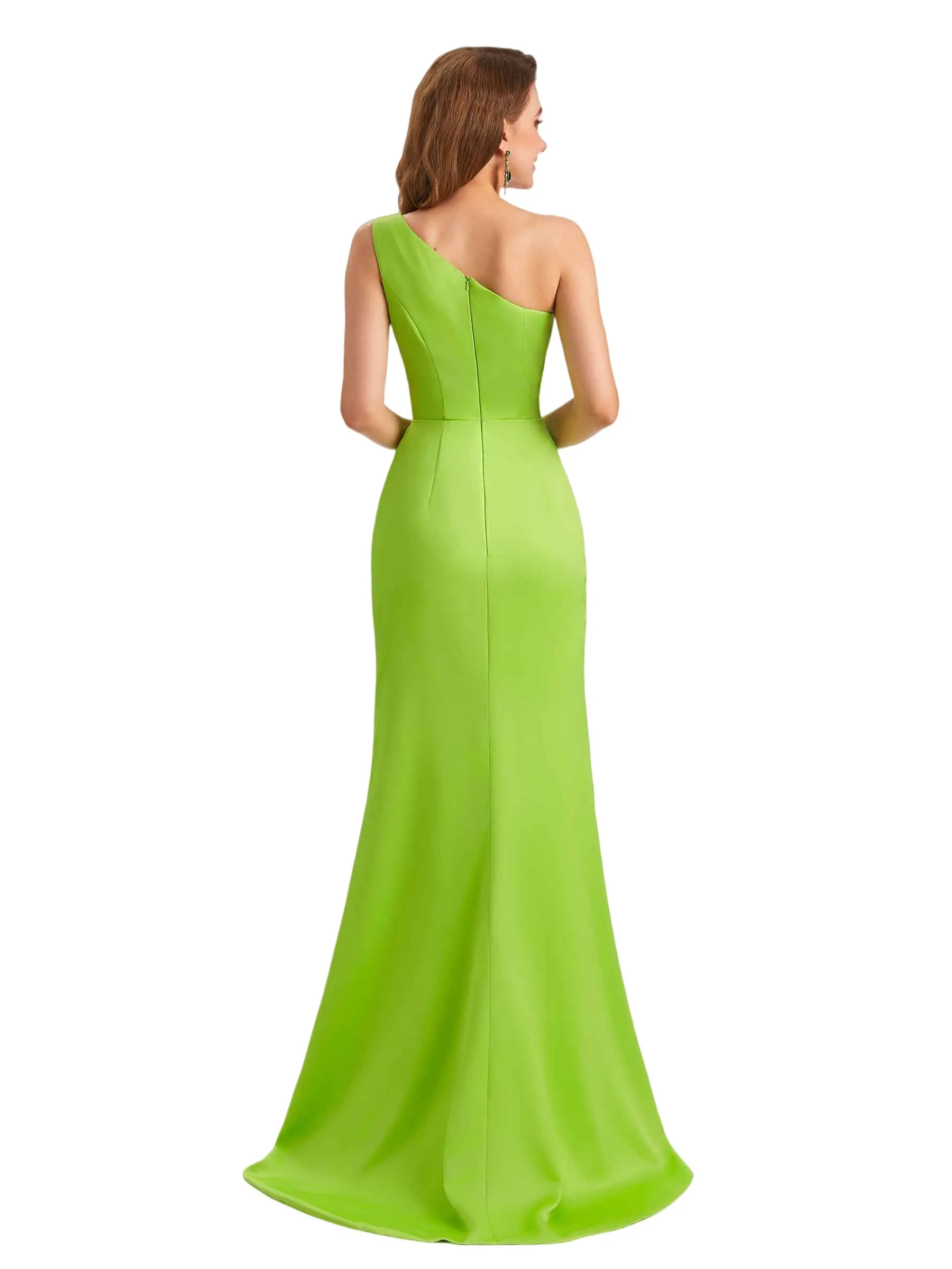 Sexy Silky Satin One Shoulder Mermaid Side Slit Unique Long Bridesmaid Dresses Online sold by ChicSew product image thumbnail 3
