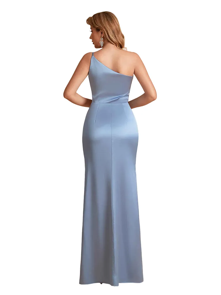 Sexy Silky Satin One Shoulder Mermaid Side Slit Long Bridesmaid Dresses Online sold by ChicSew product image thumbnail 3