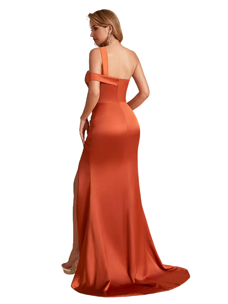 Elegant Silky Satin One Shoulder Mermaid Side Slit Long Pleated Bridesmaid Dresses Online sold by ChicSew product image thumbnail 4