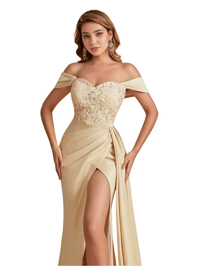Elegant Silky Satin Off The Shoulder Lace Mermaid Side Slit Long Bridesmaid Dresses Online sold by ChicSew product image thumbnail 2