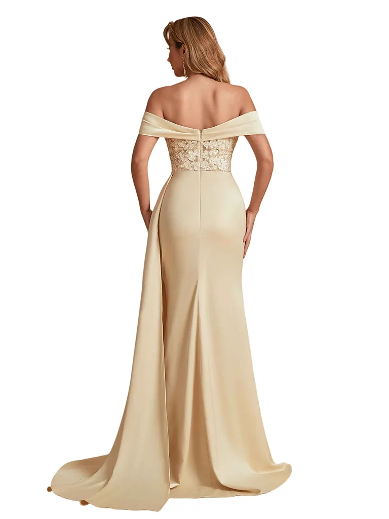 Elegant Silky Satin Off The Shoulder Lace Mermaid Side Slit Long Bridesmaid Dresses Online sold by ChicSew product image thumbnail 4