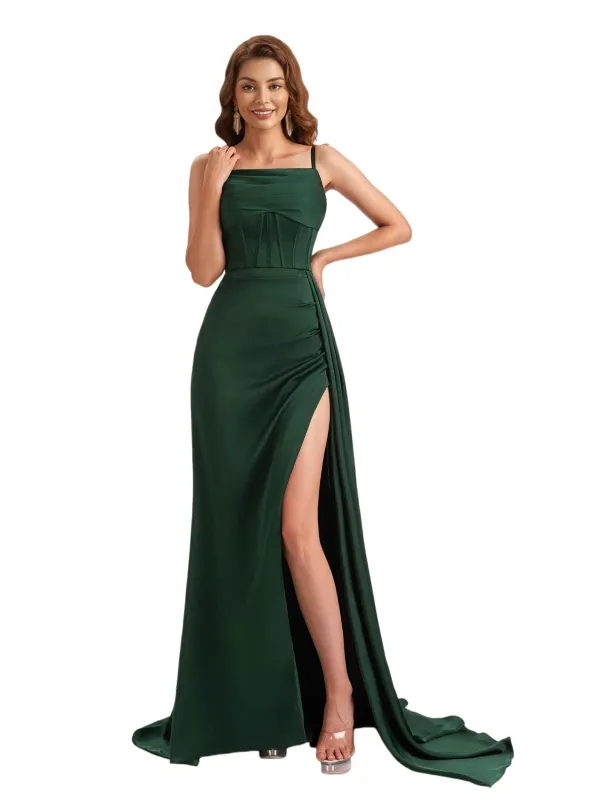 Sexy Pleated Satin Spaghetti Straps Mermaid Side Slit Long Bridesmaid Dresses Online sold by ChicSew