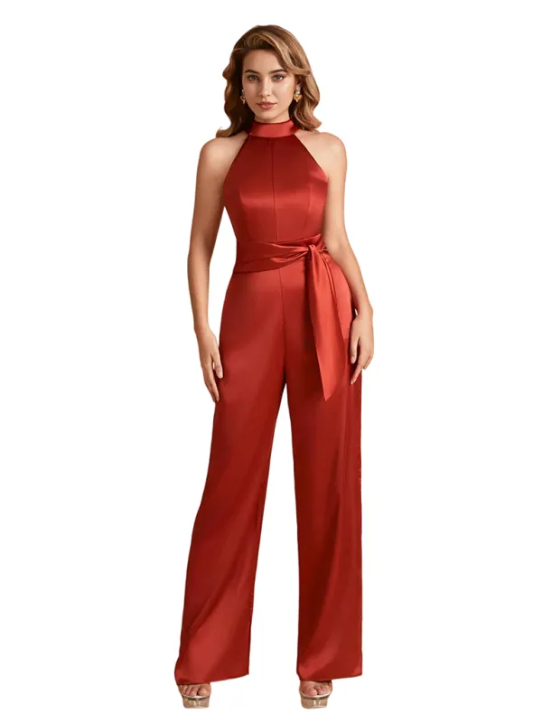 Elegant High Neck Silky Satin Long Women's Pantsuit For Bridesmaids sold by ChicSew