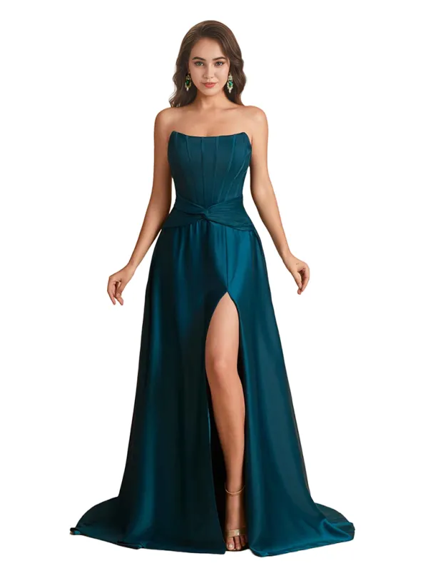 Elegant Silky Satin Strapless Sweetheart A-Line Side Slit Floor Length Bridesmaid Dresses sold by ChicSew