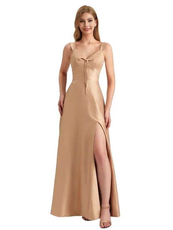 Elegant Silky Satin Spaghetti Straps A-Line Side Slit Floor Length Bridesmaid Dresses Online sold by ChicSew