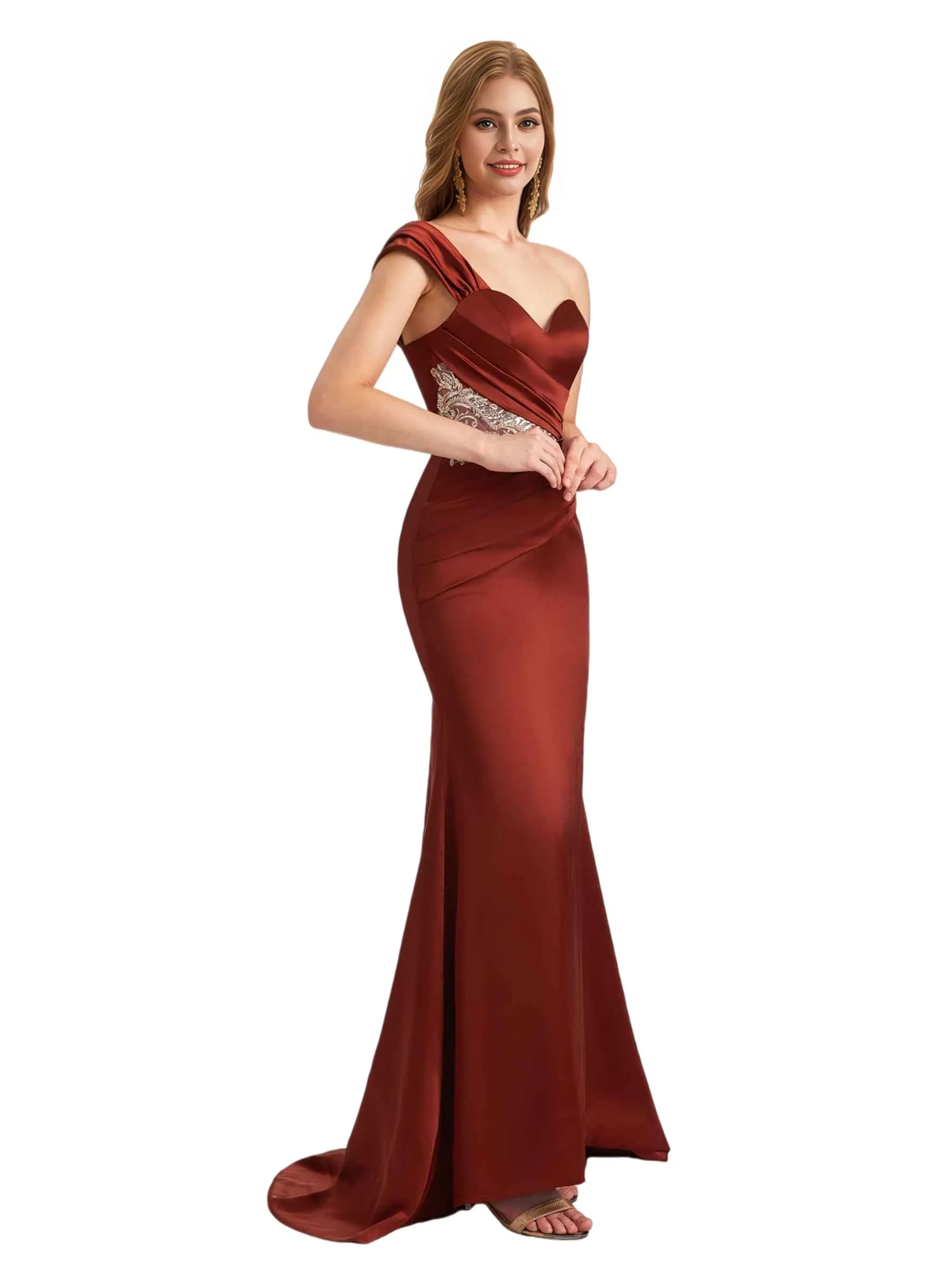 Elegant Lace Silky Satin One Shoulder Mermaid Floor Length Bridesmaid Dresses Online sold by ChicSew product image thumbnail 5