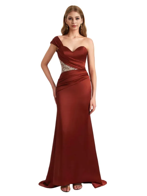 Elegant Lace Silky Satin One Shoulder Mermaid Floor Length Bridesmaid Dresses Online sold by ChicSew