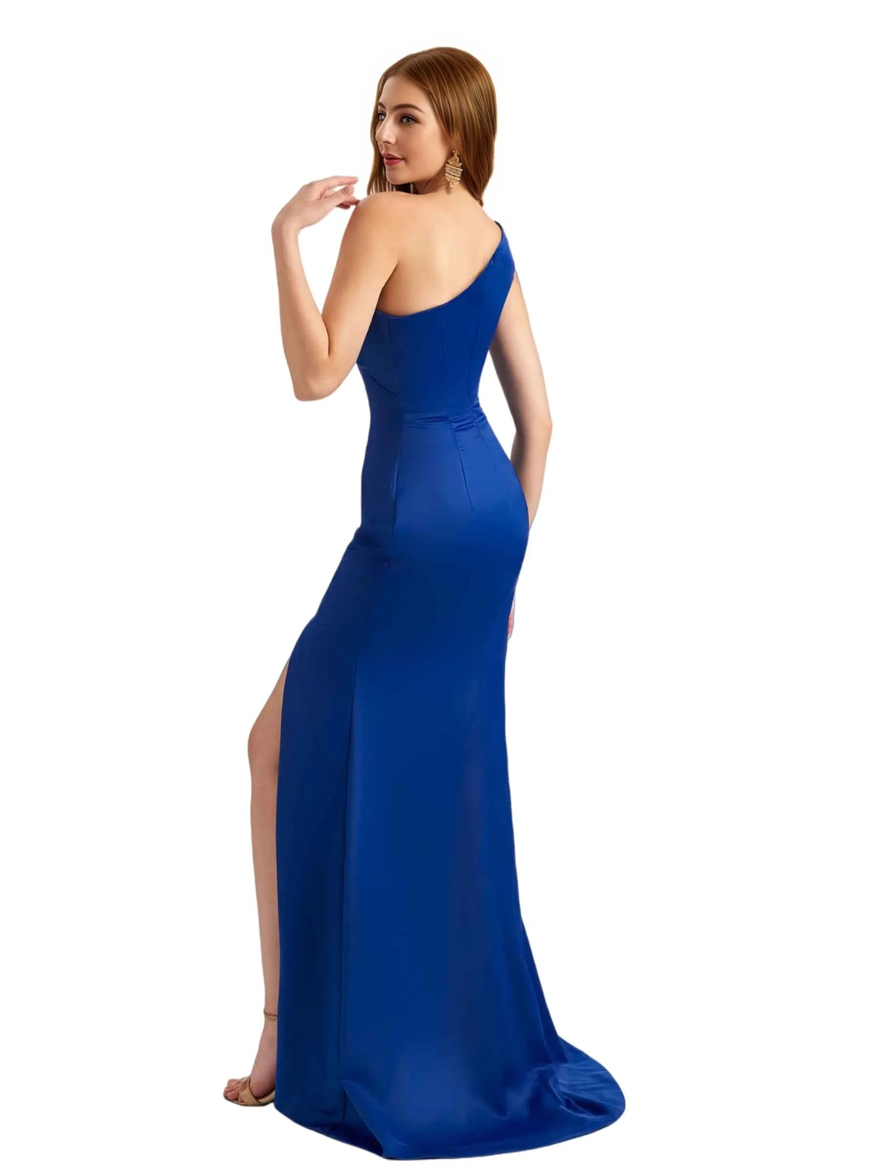 Elegant One Shoulder Silky Satin Side Split Mermaid Unique Long Bridesmaid Dresses Online sold by ChicSew product image thumbnail 5