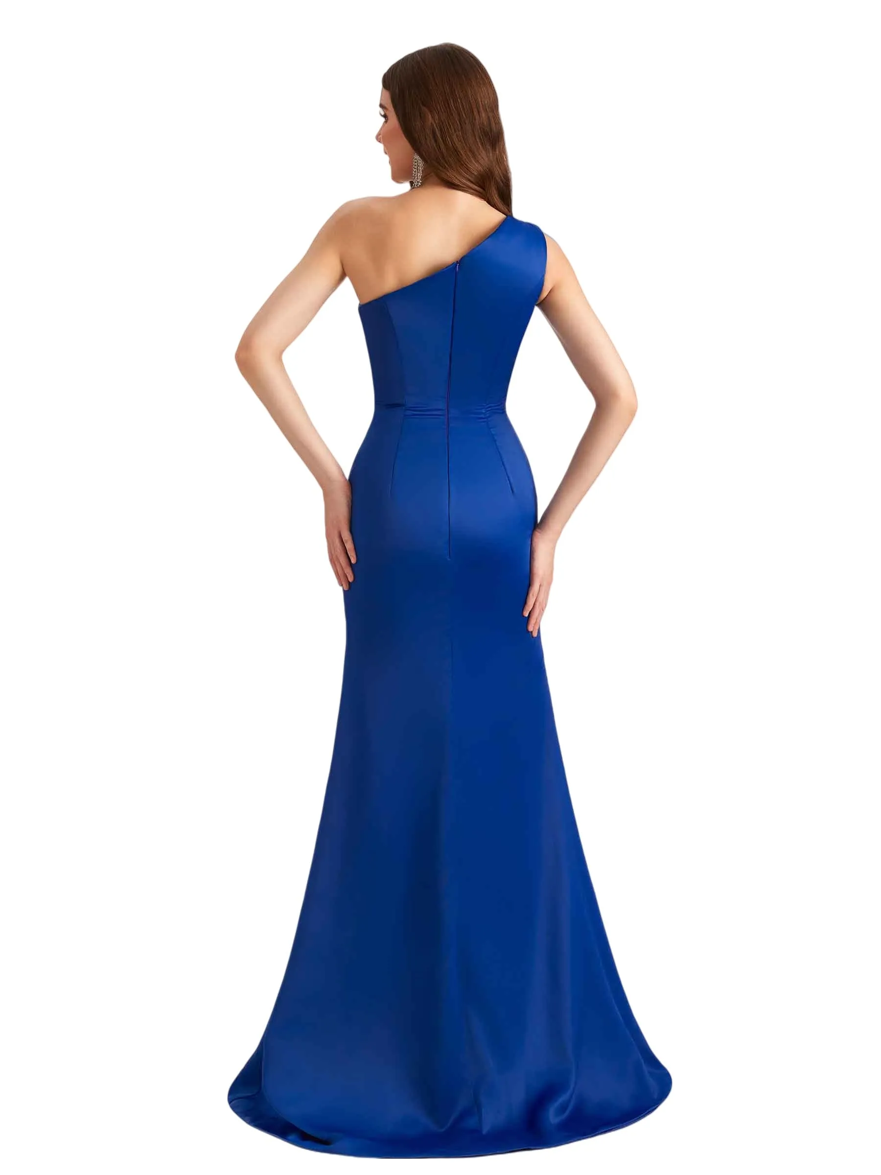 Elegant One Shoulder Silky Satin Side Split Mermaid Unique Long Bridesmaid Dresses Online sold by ChicSew product image thumbnail 3