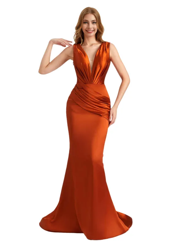 Elegant Deep V-Neck Silky Satin Pleated Mermaid Long Bridesmaid Dresses Online sold by ChicSew