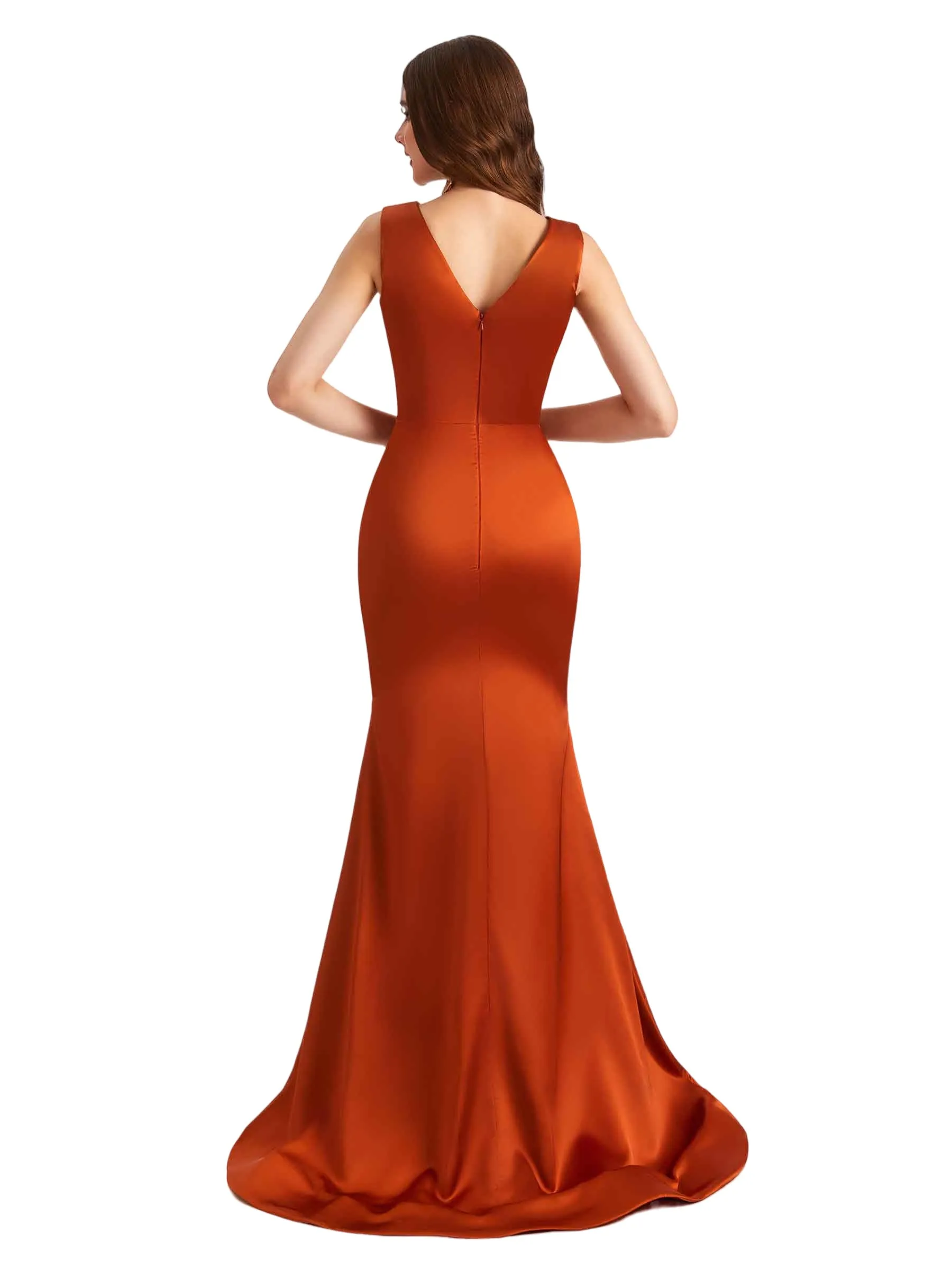 Elegant Deep V-Neck Silky Satin Pleated Mermaid Long Bridesmaid Dresses Online sold by ChicSew product image thumbnail 3