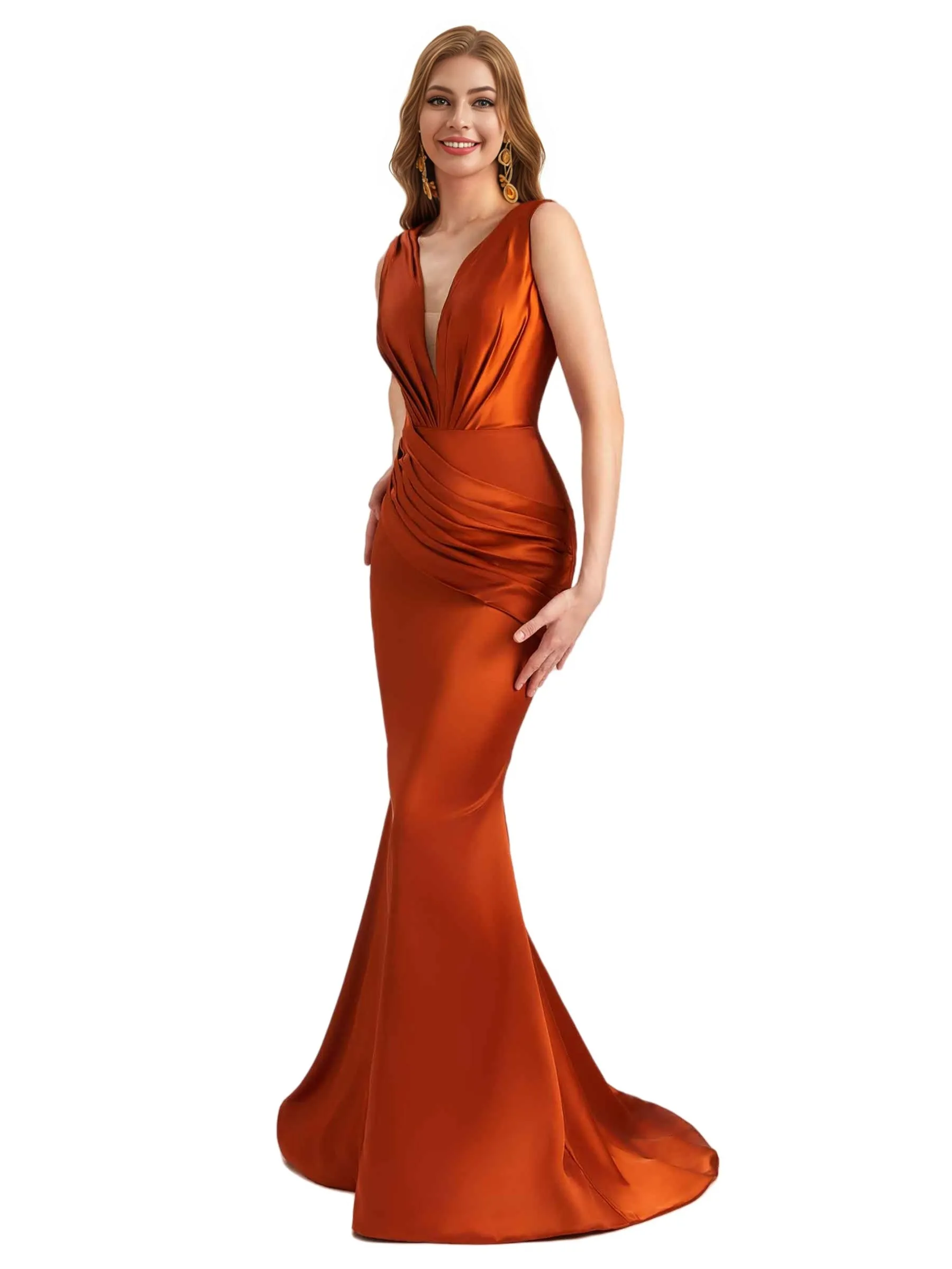 Elegant Deep V-Neck Silky Satin Pleated Mermaid Long Bridesmaid Dresses Online sold by ChicSew product image thumbnail 4