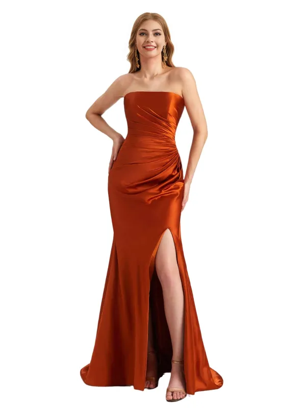 Elegant Sweetheart Strapless Silky Satin Side Split Mermaid Long Bridesmaid Dresses sold by ChicSew