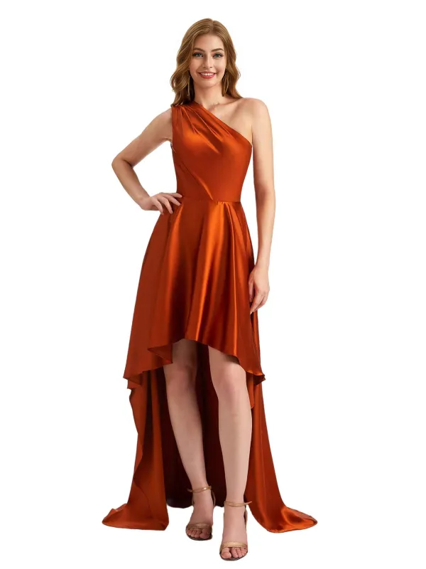 Elegant One Shoulder High Low Satin Ruched Bridesmaid Dresses Online sold by ChicSew
