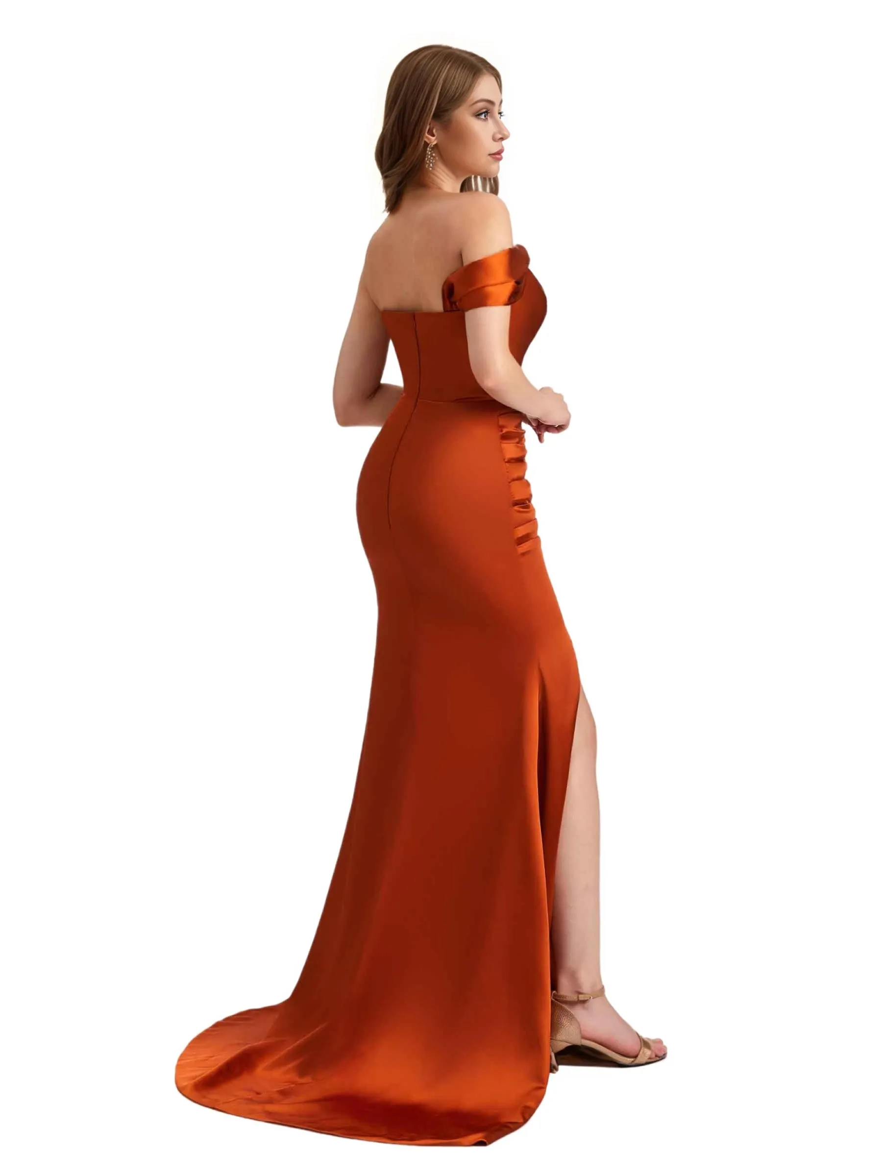 Sexy Satin One Shoulder Mermaid Pleated Long Bridesmaid Dresses Side Split sold by ChicSew product image thumbnail 4