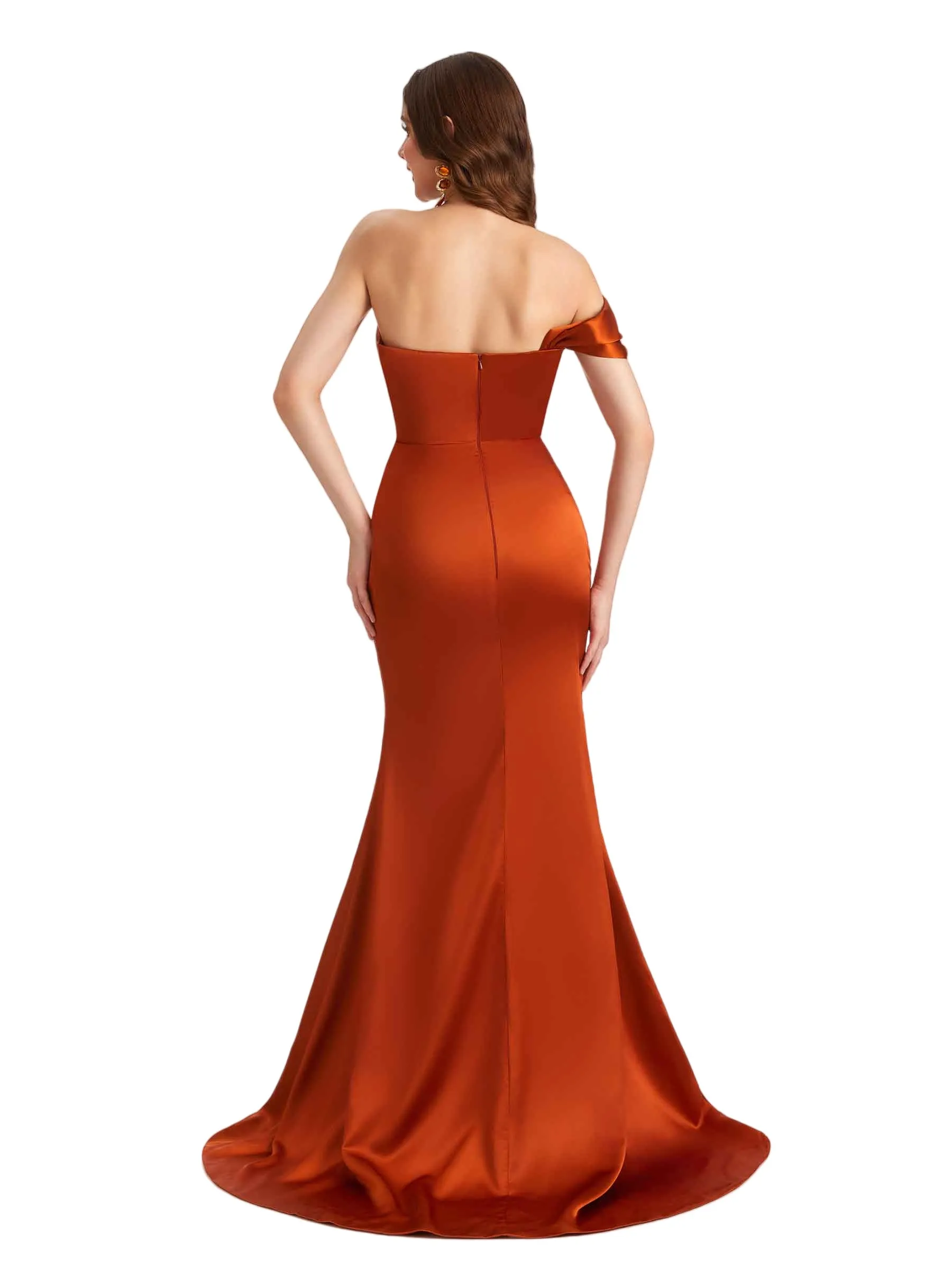 Sexy Satin One Shoulder Mermaid Pleated Long Bridesmaid Dresses Side Split sold by ChicSew product image thumbnail 3