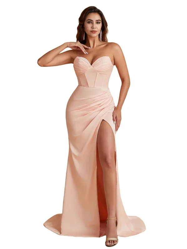 Elegant Silky Satin Sweetheart Strapless Mermaid Floor Length Bridesmaid Dresses Side Split sold by ChicSew
