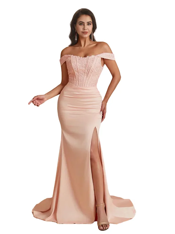 Sexy Off The Shoulder Satin Lace Top Trendy Mermaid Bridesmaid Dresses Online sold by ChicSew
