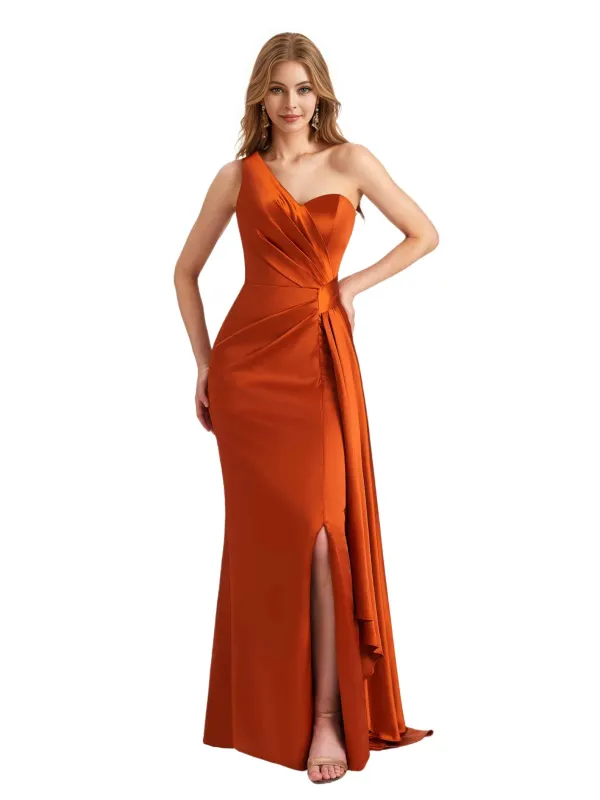 Modern One Shoulder Silky Satin Mermaid Long Bridesmaid Dresses Online Side Split sold by ChicSew
