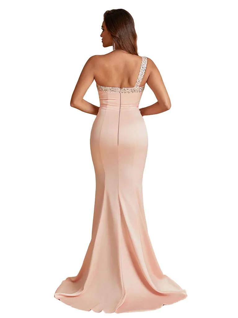 Sexy One Shoulder Mermaid Silky Satin Beaded Long Bridesmaid Dresses Side Slit sold by ChicSew product image thumbnail 3