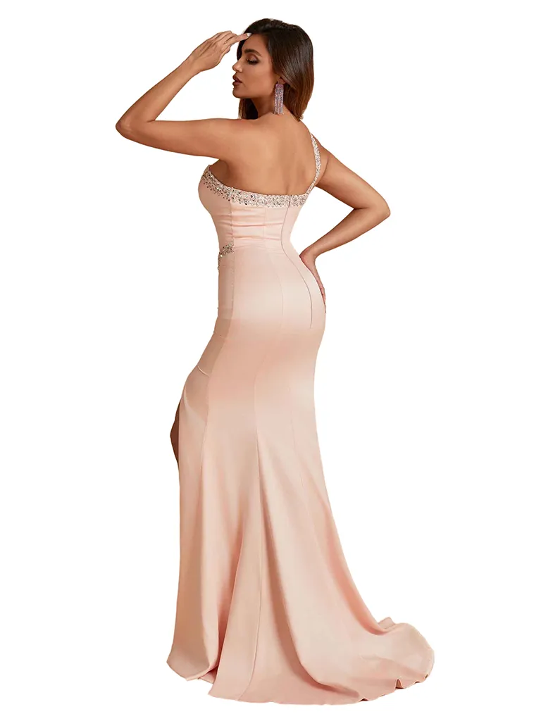 Sexy One Shoulder Mermaid Silky Satin Beaded Long Bridesmaid Dresses Side Slit sold by ChicSew product image thumbnail 5