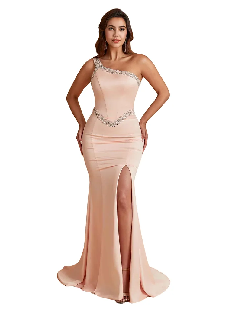 Sexy One Shoulder Mermaid Silky Satin Beaded Long Bridesmaid Dresses Side Slit sold by ChicSew
