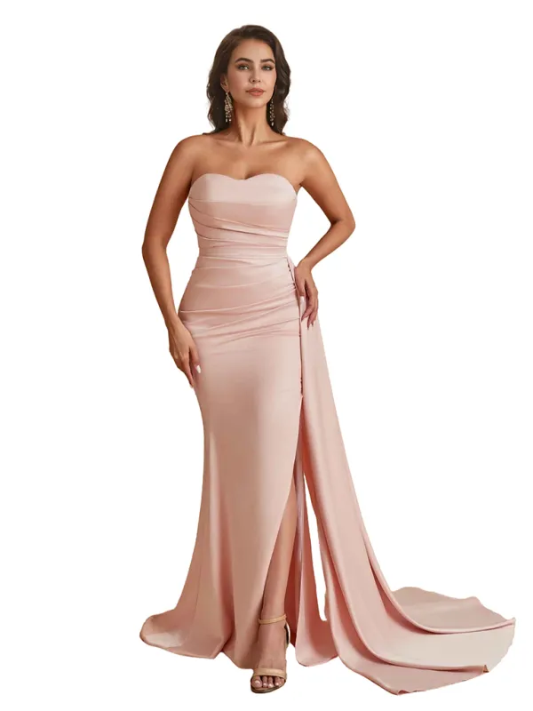Elegant Silky Satin Sweetheart Strapless Side Split Mermaid Floor Length Bridesmaid Dresses sold by ChicSew
