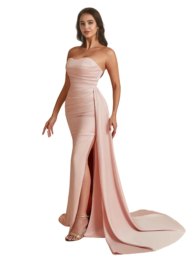Elegant Silky Satin Sweetheart Strapless Side Split Mermaid Floor Length Bridesmaid Dresses sold by ChicSew product image thumbnail 2