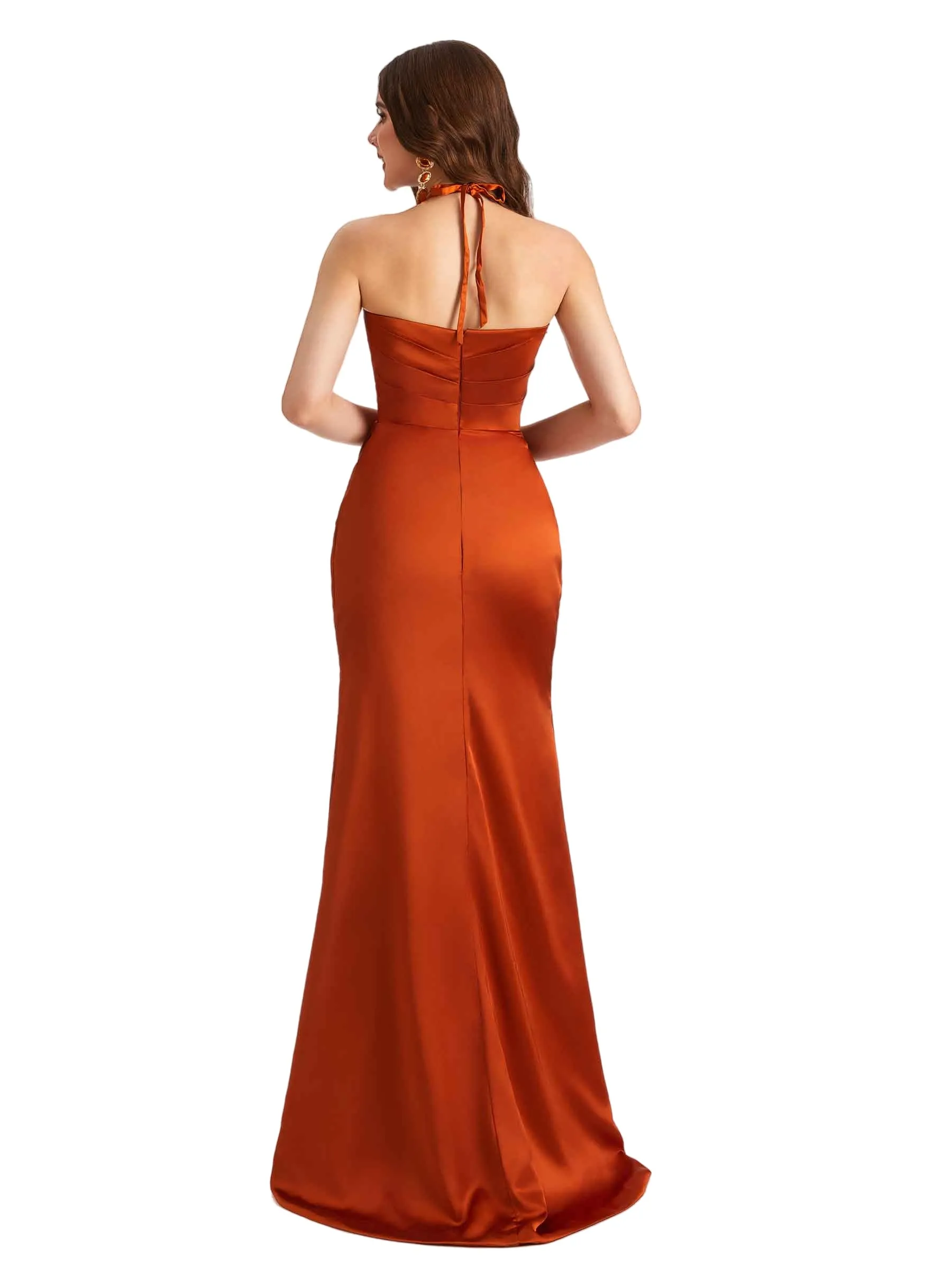 Sexy Halter Stretch Satin Unique Split Mermaid Long Bridesmaid Dresses Online sold by ChicSew product image thumbnail 3