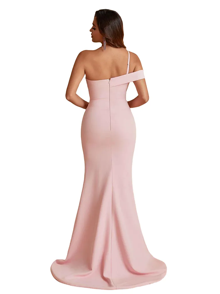 Elegant One Shoulder Mermaid Handmade Flower Satin Long Bridesmaid Dresses Side Split sold by ChicSew product image thumbnail 3