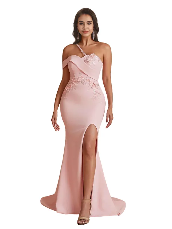 Elegant One Shoulder Mermaid Handmade Flower Satin Long Bridesmaid Dresses Side Split sold by ChicSew