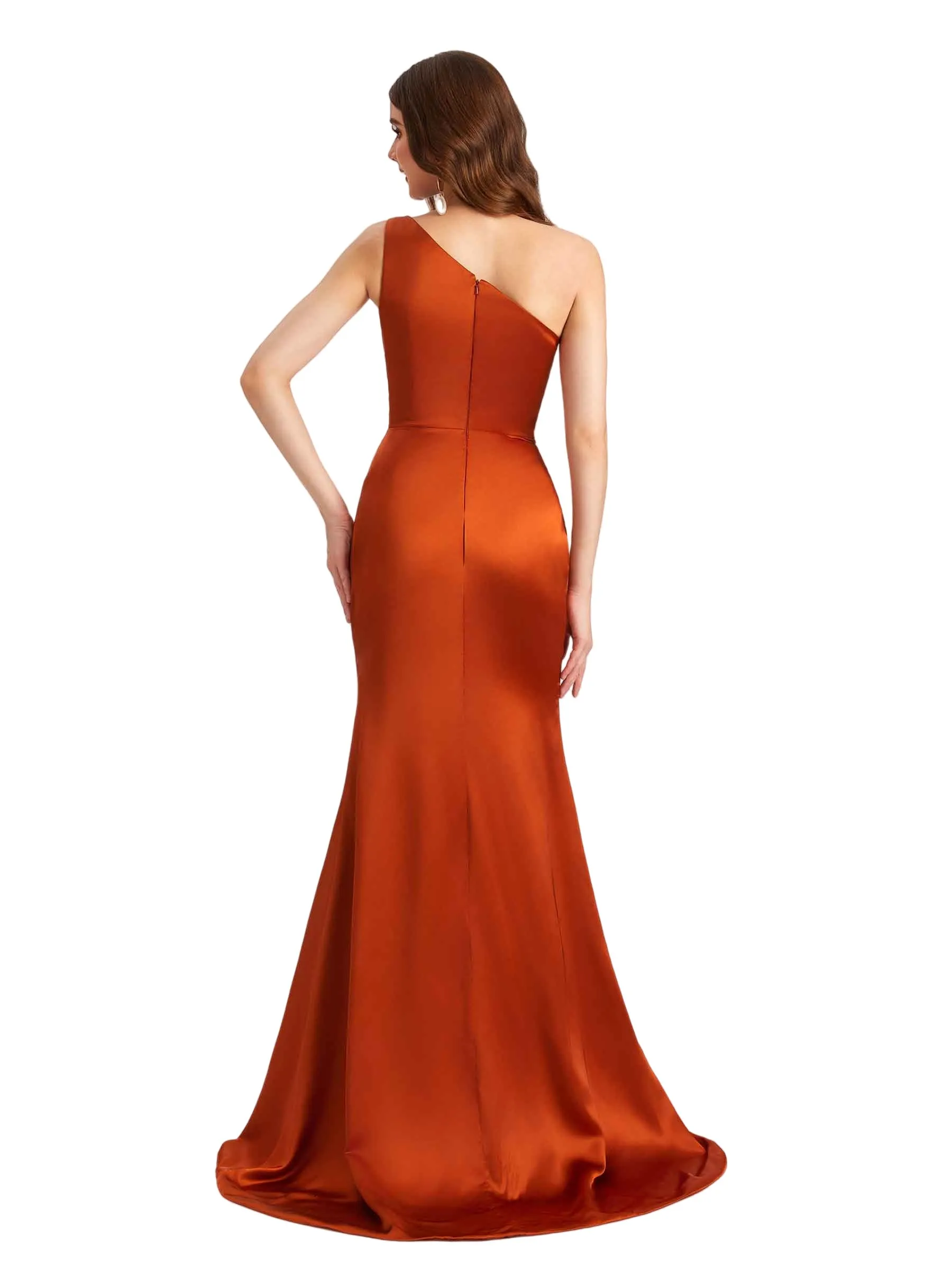 Sexy One Shoulder Silky Satin Side Split Mermaid Long Bridesmaid Dresses Online sold by ChicSew product image thumbnail 3