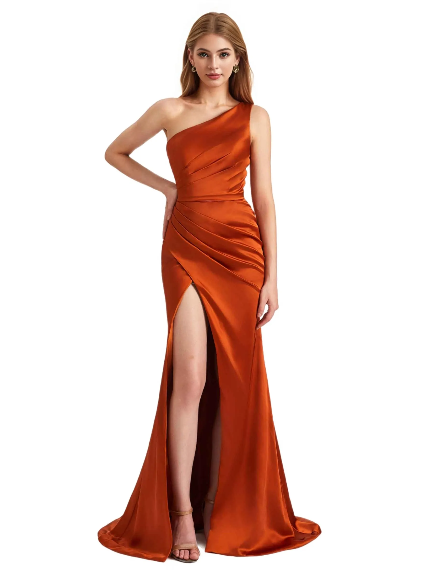 Sexy One Shoulder Silky Satin Side Split Mermaid Long Bridesmaid Dresses Online sold by ChicSew