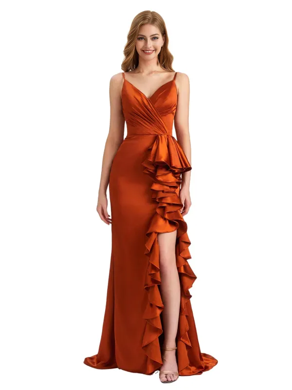 Elegant Spaghetti Straps Ruffles Silky Satin Side Slit Mermaid Boho Long Bridesmaid Dresses sold by ChicSew