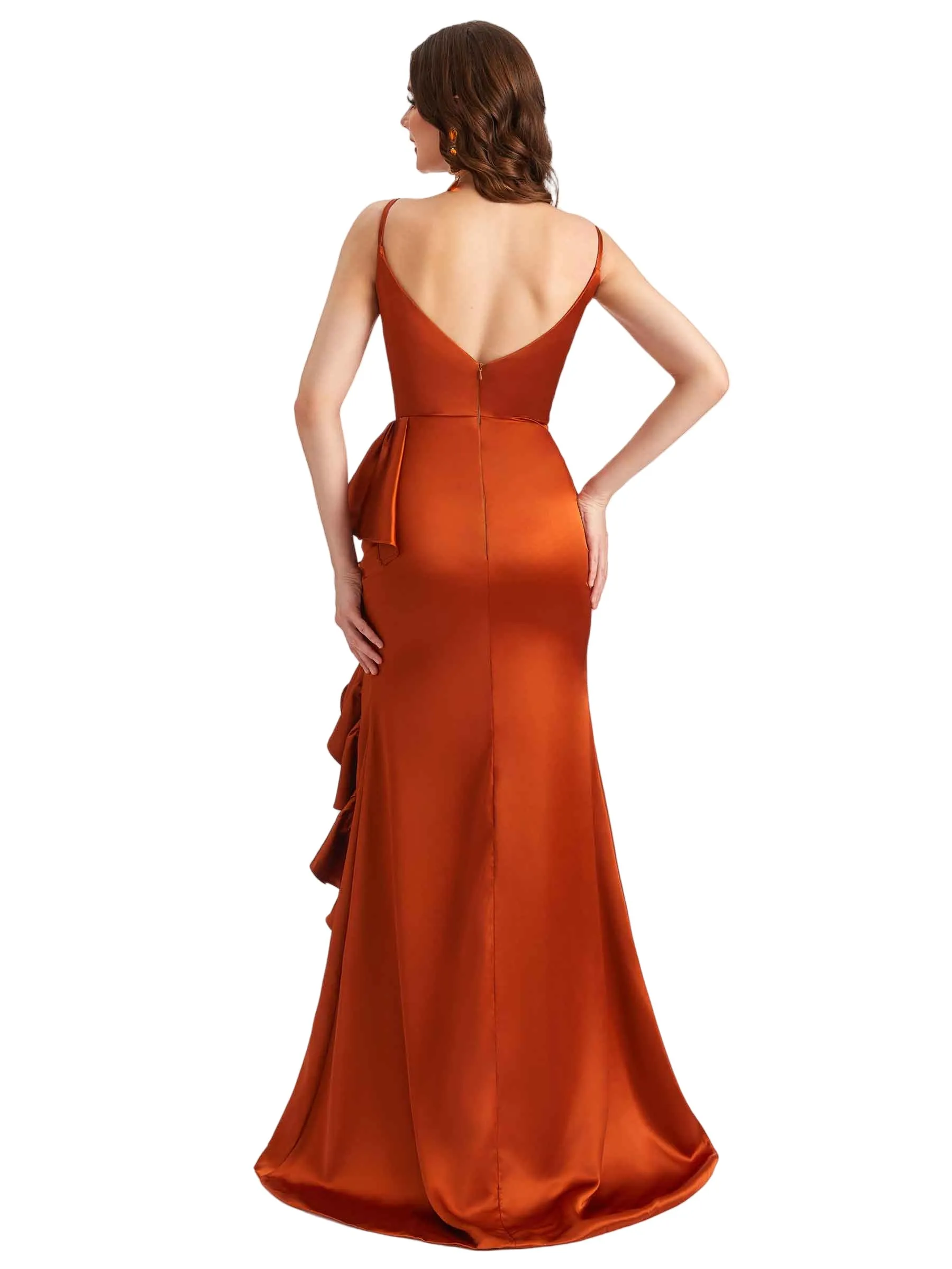 Elegant Spaghetti Straps Ruffles Silky Satin Side Slit Mermaid Boho Long Bridesmaid Dresses sold by ChicSew product image thumbnail 3