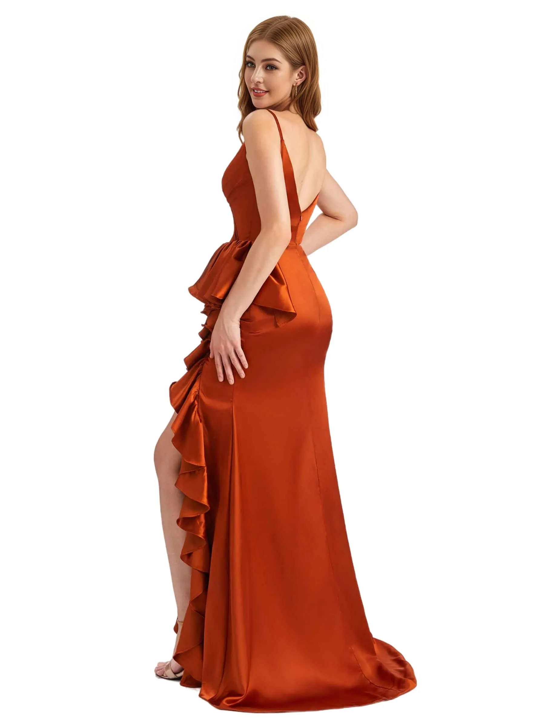 Elegant Spaghetti Straps Ruffles Silky Satin Side Slit Mermaid Boho Long Bridesmaid Dresses sold by ChicSew product image thumbnail 4