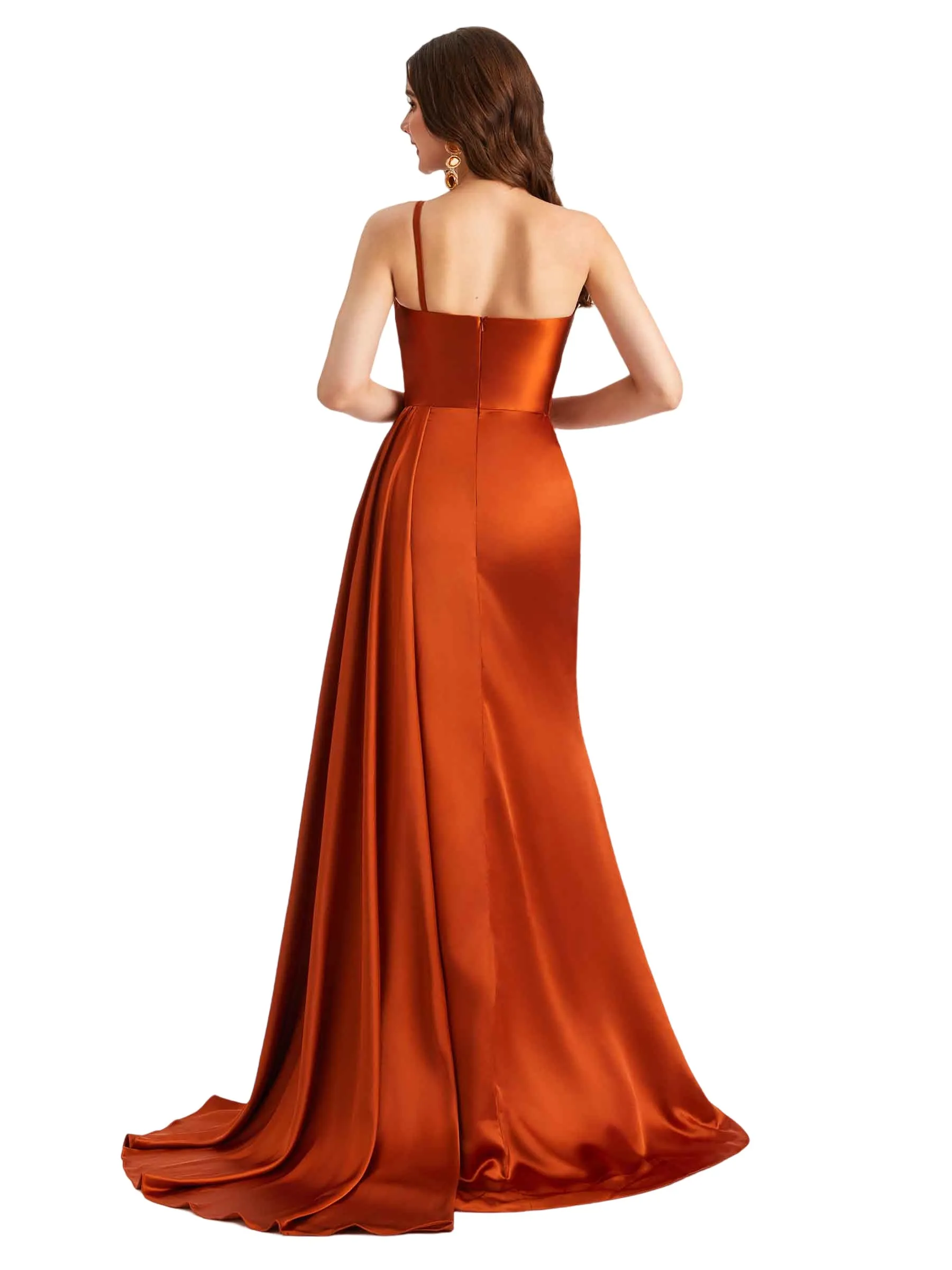 Sexy One Shoulder Silky Satin Side Split Mermaid Long Bridesmaid Dresses Online sold by ChicSew product image thumbnail 3
