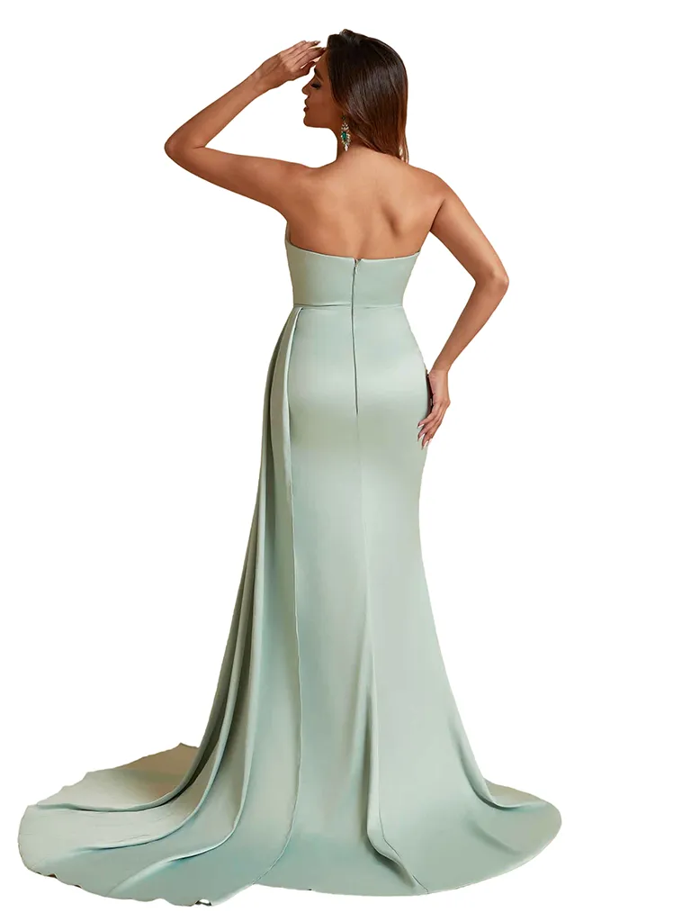 Sexy Mermaid Sweetheart Side Slit Ruched Silky Satin Unique Long Bridesmaid Dresses Online sold by ChicSew product image thumbnail 3