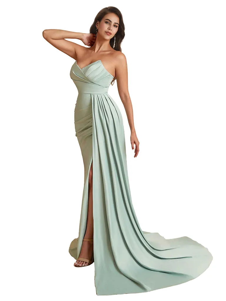 Sexy Mermaid Sweetheart Side Slit Ruched Silky Satin Unique Long Bridesmaid Dresses Online sold by ChicSew product image thumbnail 5