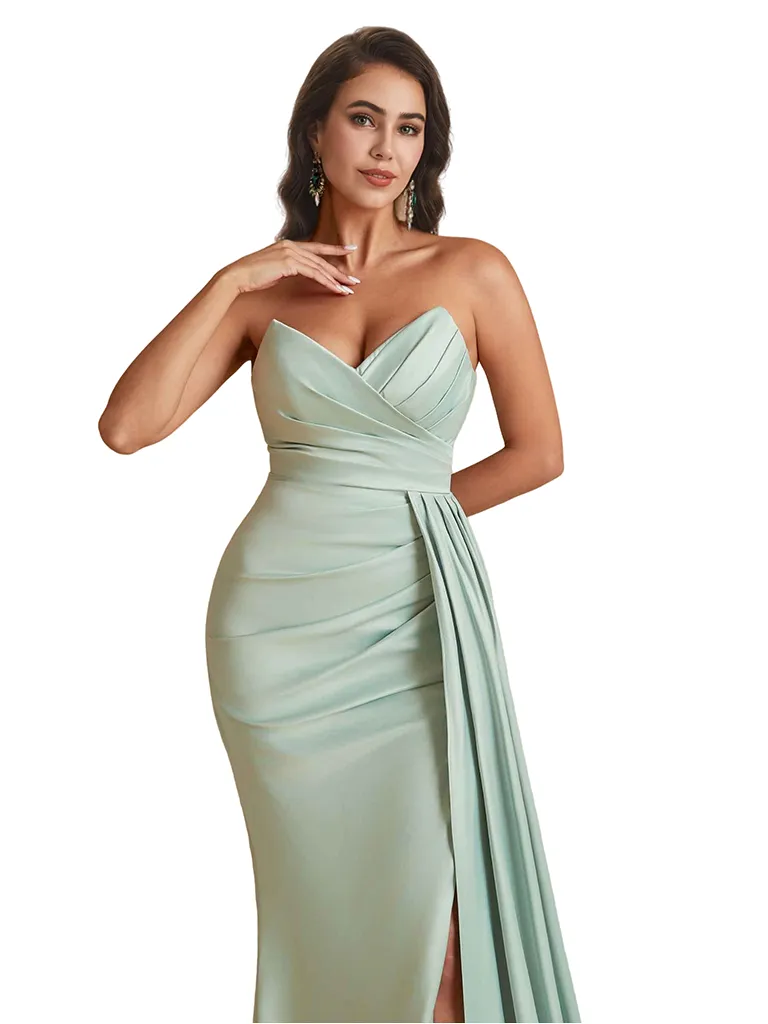 Sexy Mermaid Sweetheart Side Slit Ruched Silky Satin Unique Long Bridesmaid Dresses Online sold by ChicSew product image thumbnail 2