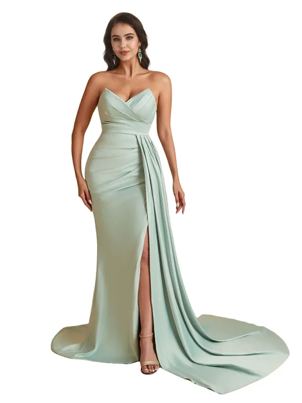 Sexy Mermaid Sweetheart Side Slit Ruched Silky Satin Unique Long Bridesmaid Dresses Online sold by ChicSew