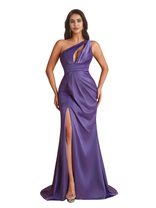 Sexy One Shoulder Mermaid Ruched Satin Unique Long Bridesmaid Dresses Side Split sold by ChicSew