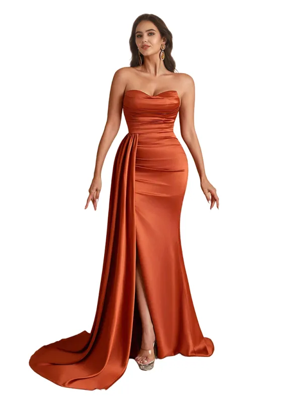 Sexy Mermaid Strapless Silky Satin Long Bridesmaid Dresses Side Slit sold by ChicSew