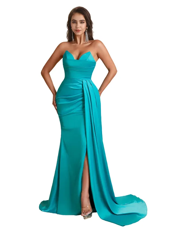 Sexy Sweetheart Mermaid Side Slit Satin Long Bridesmaid Dresses Online sold by ChicSew