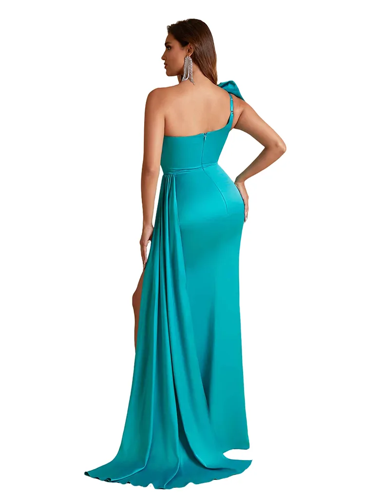 Sexy One Shoulder Bow Knot Side Split Mermaid Silky Satin Long Bridesmaid Dresses sold by ChicSew product image thumbnail 5