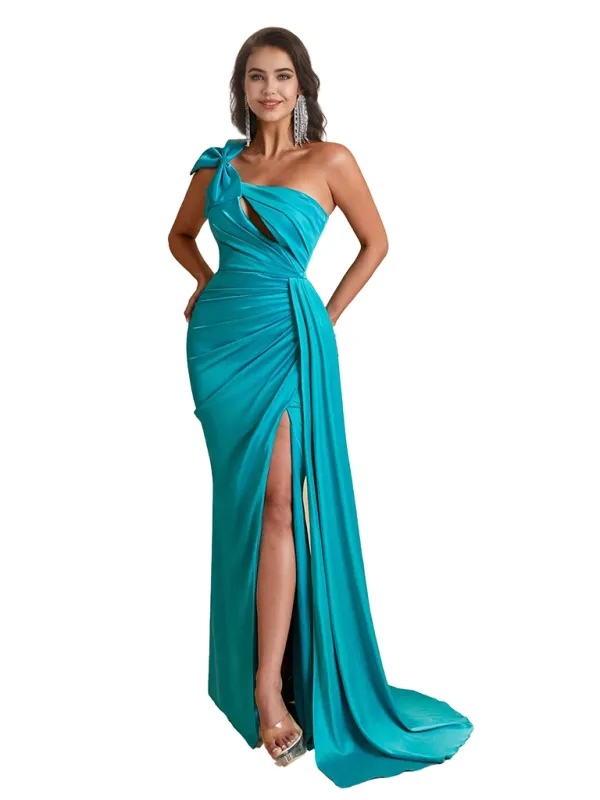 Sexy One Shoulder Bow Knot Side Split Mermaid Silky Satin Long Bridesmaid Dresses sold by ChicSew